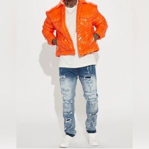 Nova Men Posted Shiny Nylon Trucker Bright Orange Puffer Jacket